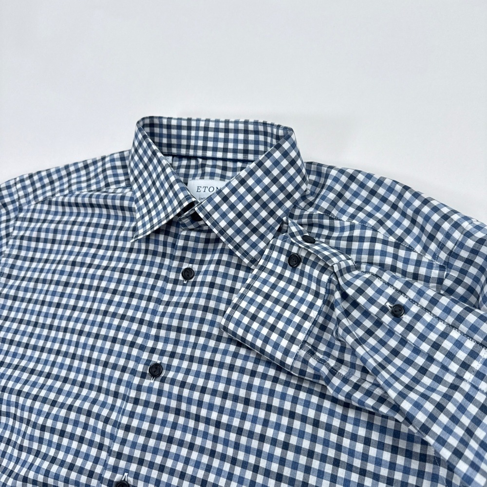 Eton Mens Shirt 16.5 Blue Gingham Contemporary Fit Flannel Minimalist Preppy